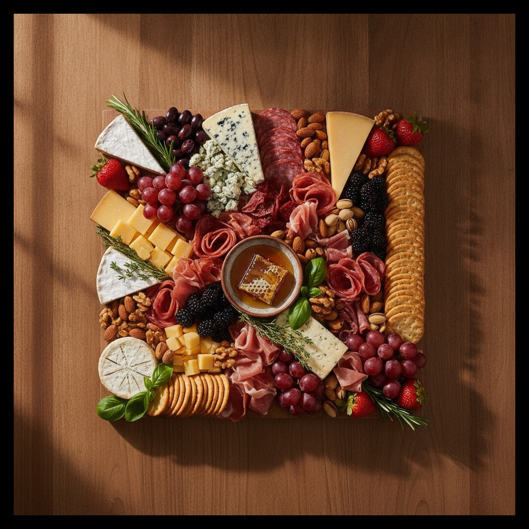 An abundant charcuterie board photographed from overhead with cheeses, cured meats, fresh berries, grapes, olives, nuts and crackers on warm walnut.
