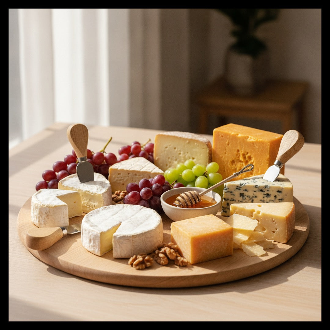A charcuterie board showcasing a variety of cheeses by texture, including brie, aged cheddar, blue cheese, gouda and parmesan with small cheese knives.