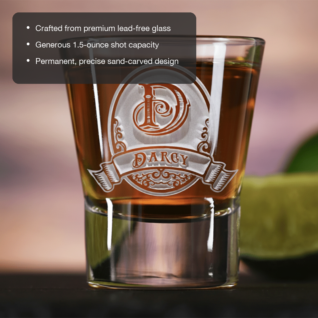 Crusader Personalized Medieval Shot Glass features showing premium lead-free glass, 1.5 oz capacity, and permanent sand-carved design