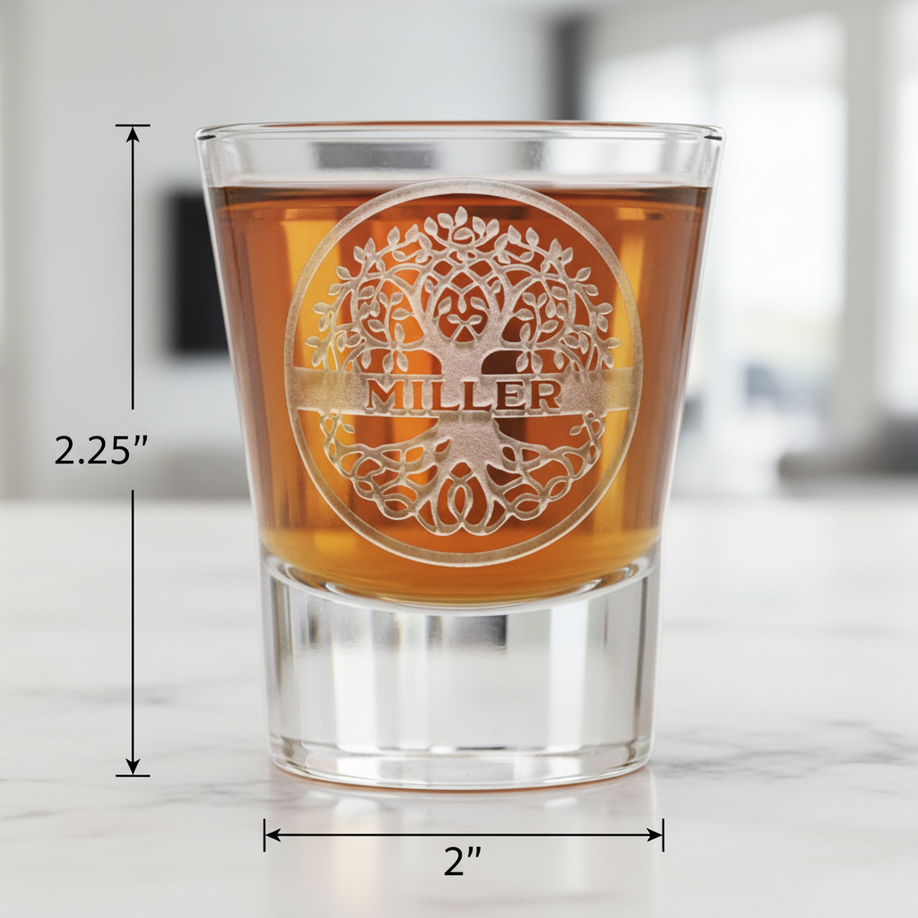 Heritage Roots Personalized Family Tree Shot Glass dimensions infographic showing 2.25 inches tall by 2 inches wide with 1.5 oz capacity
