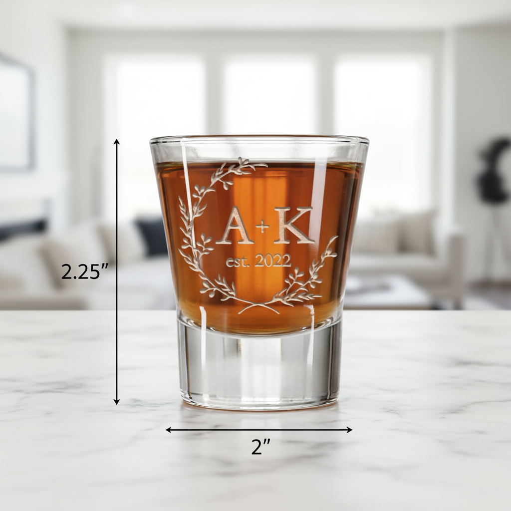 Better Halves Personalized Couples Shot Glass dimensions infographic showing 2.25 inches tall by 2 inches wide with 1.5 oz capacity