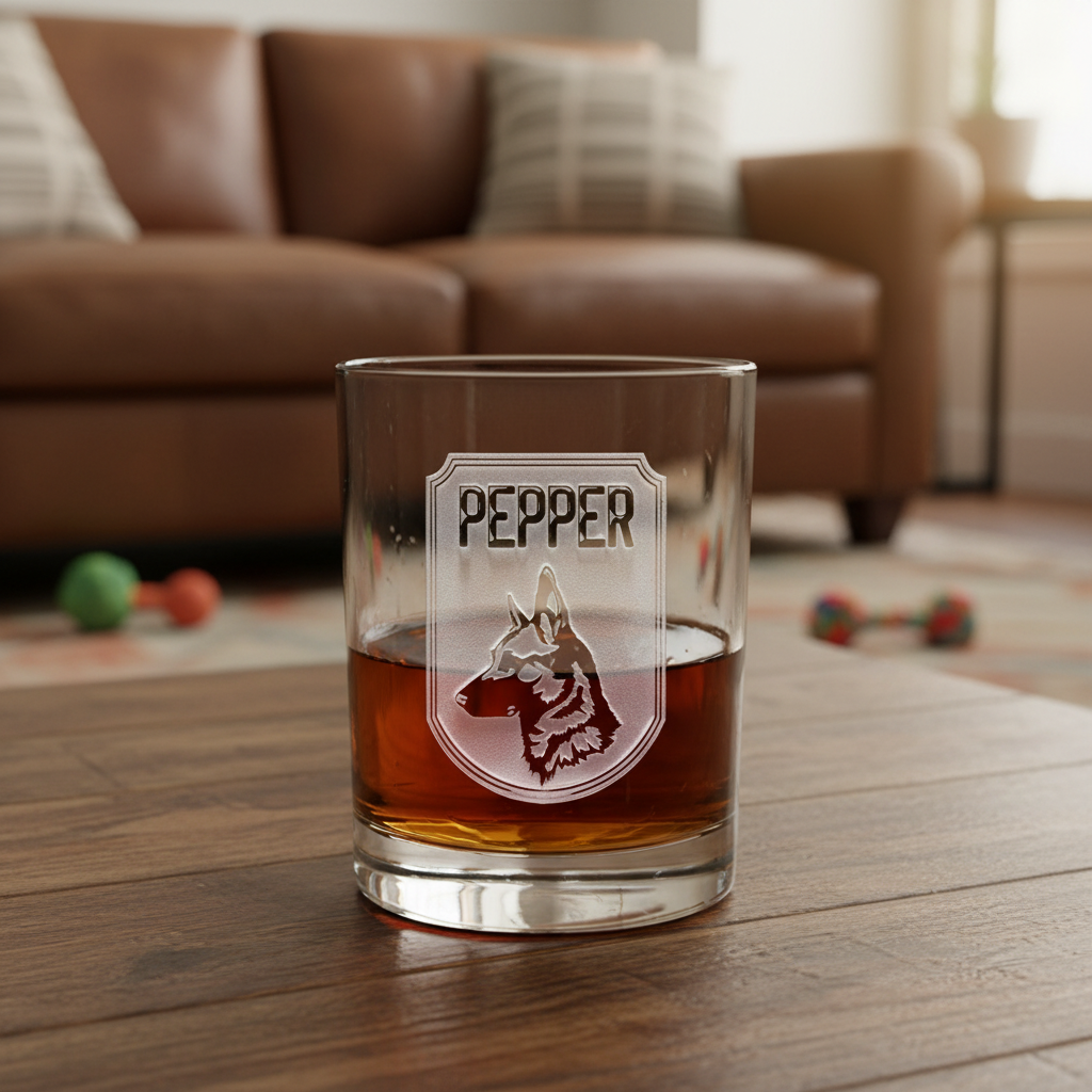 Dog Dad Personalized Whiskey Glass lifestyle shot showing the pup name with dog breed silhouette in shield engraving in a real-world setting