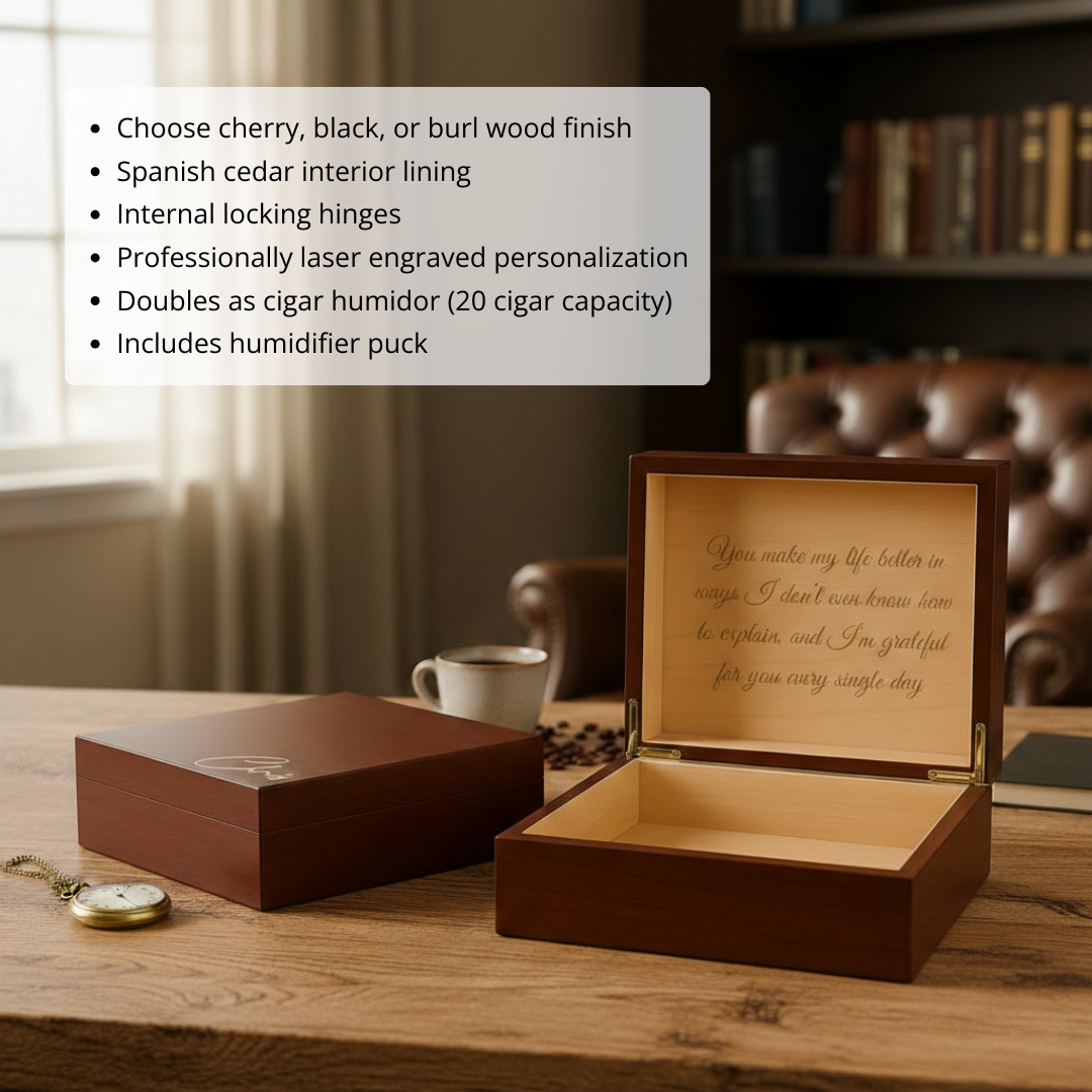 Dark wood keepsake box open showing cedar interior with sample engraved message on lid, closed box beside it on wooden desk