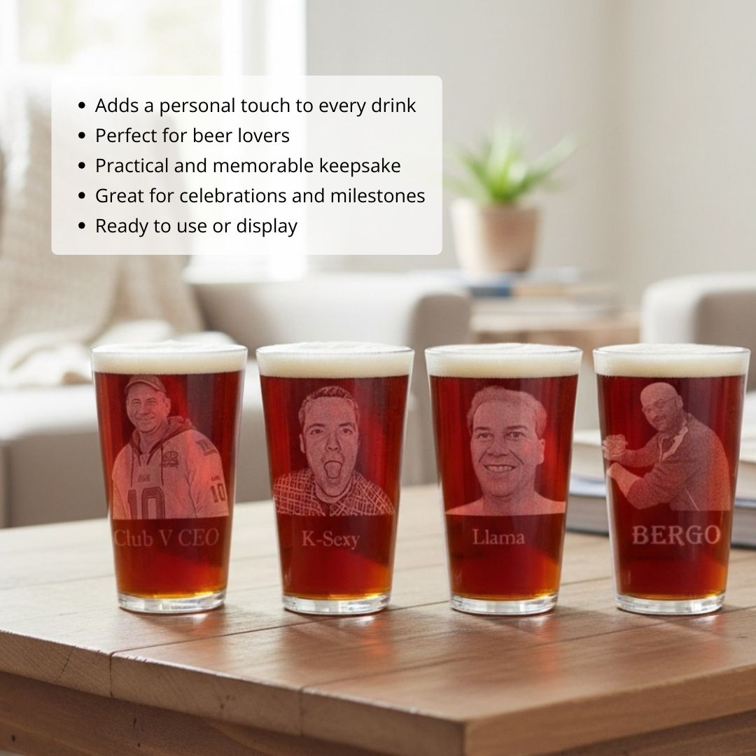 Four pint glasses filled with beer, each laser-engraved with a sample portrait photo and personalized text labels reading "Club V CEO," "K-Sexy," "Llama," and "BERGO