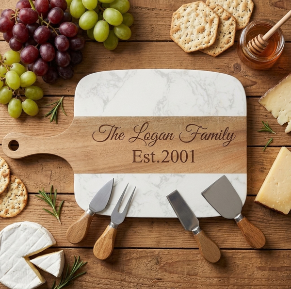 Marble and acacia paddle charcuterie board engraved The Logan Family and Est.2001, with four cheese tools, grapes, crackers and brie on a wood table