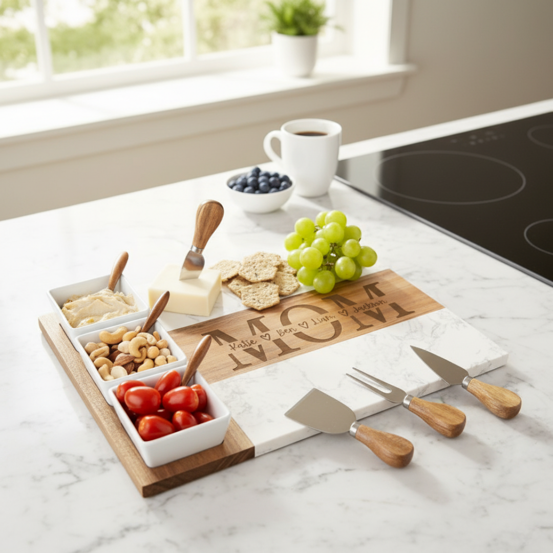 Wooden and marble charcuterie board with sample names engraved in circle around "MOM" center, styled with cheese, crackers, grapes, and wooden serving utensils on kitchen counter