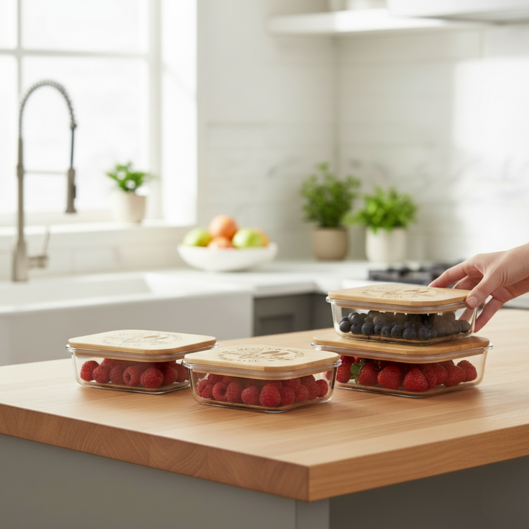 Three glass storage containers with bamboo lids on a wooden countertop, filled with raspberries and blueberries, with a hand reaching for one lid in a bright kitchen setting.