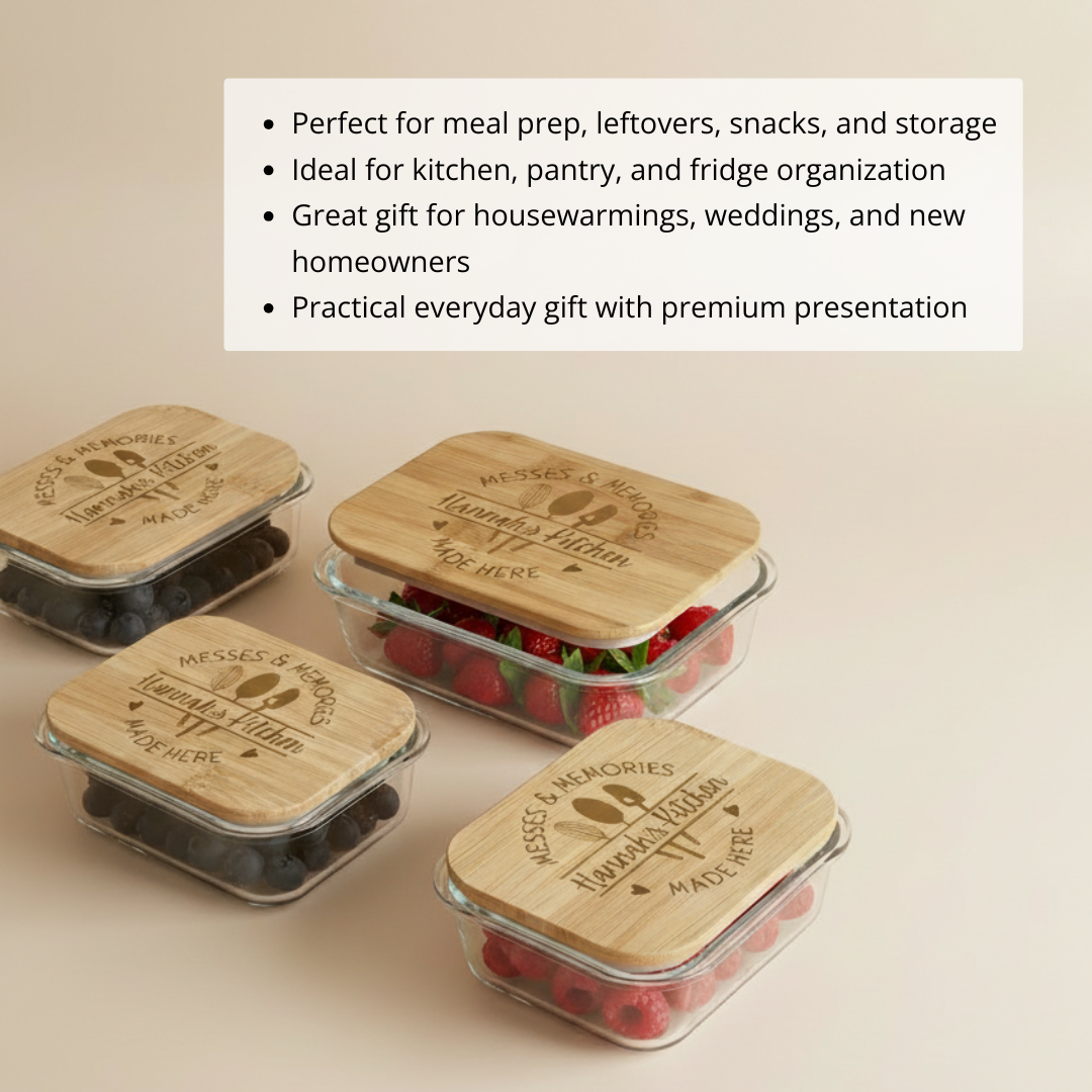 Four glass storage containers with bamboo lids, each laser-engraved with sample text "Messes & Memories" and "Family Kitchen Home Here", containing berries and olives.