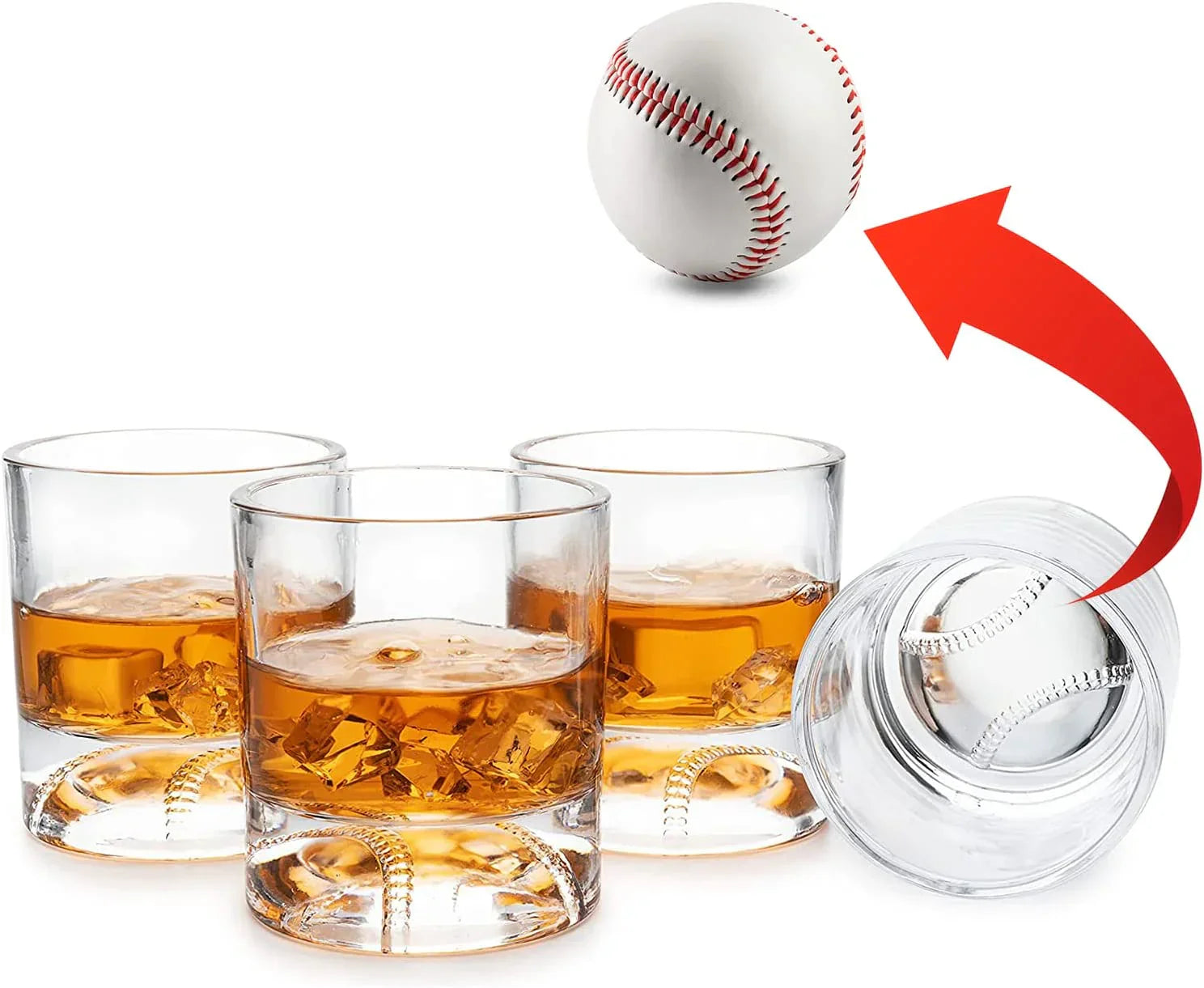 Four whiskey glasses filled with amber liquid and featuring baseball-stitched bases, displayed with a baseball-shaped decanter lid and a baseball above.