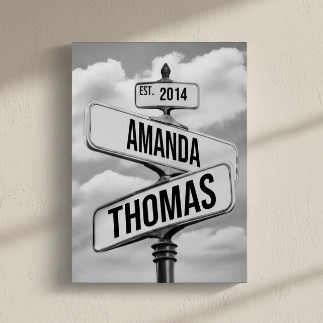 Decorative wall art with street signs displaying 'Amanda', 'Thomas', and 'Est. 2014' against a cloudy sky from Willow & Hive