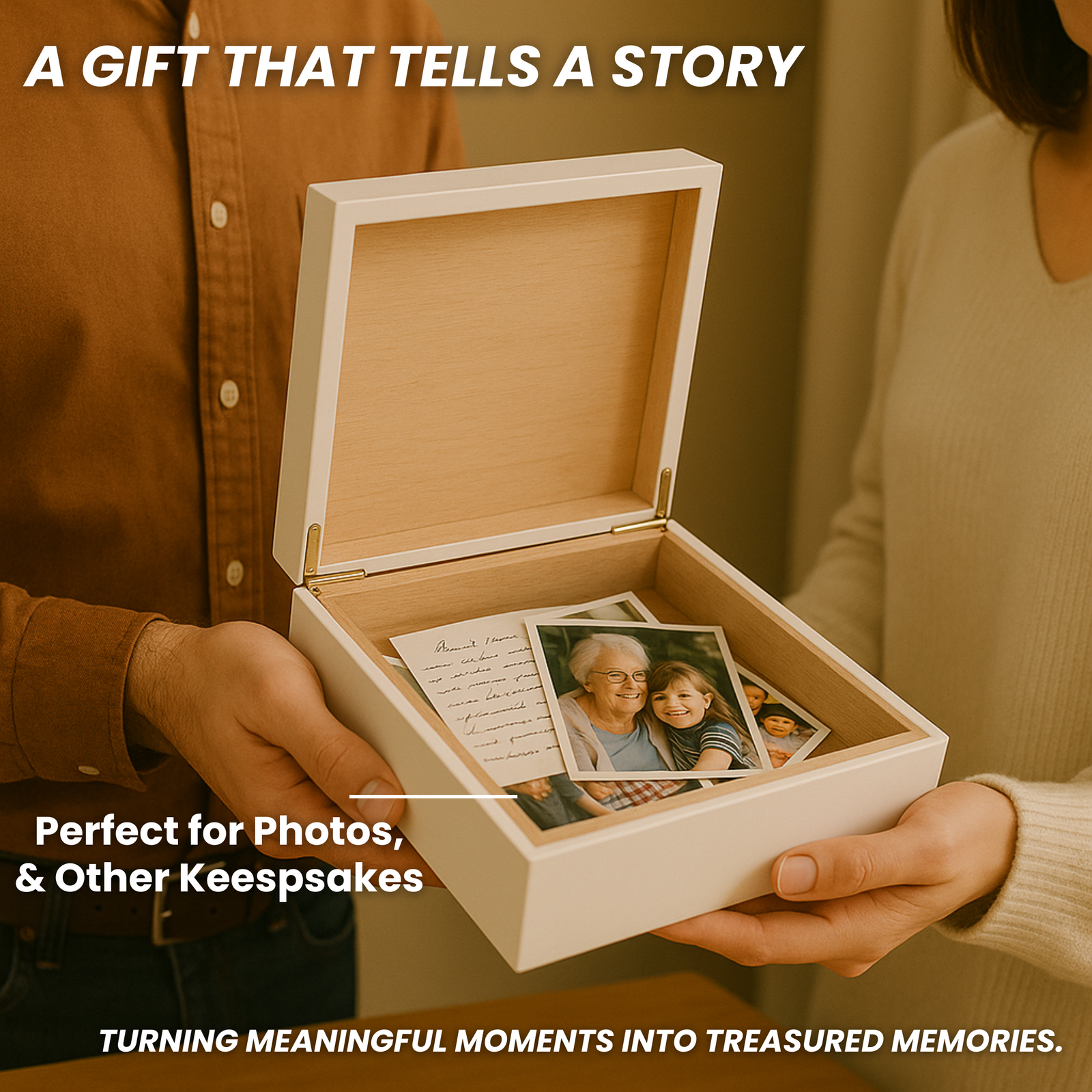 Open white wooden keepsake box with light wood interior, containing family photos and a handwritten note card, held in hands