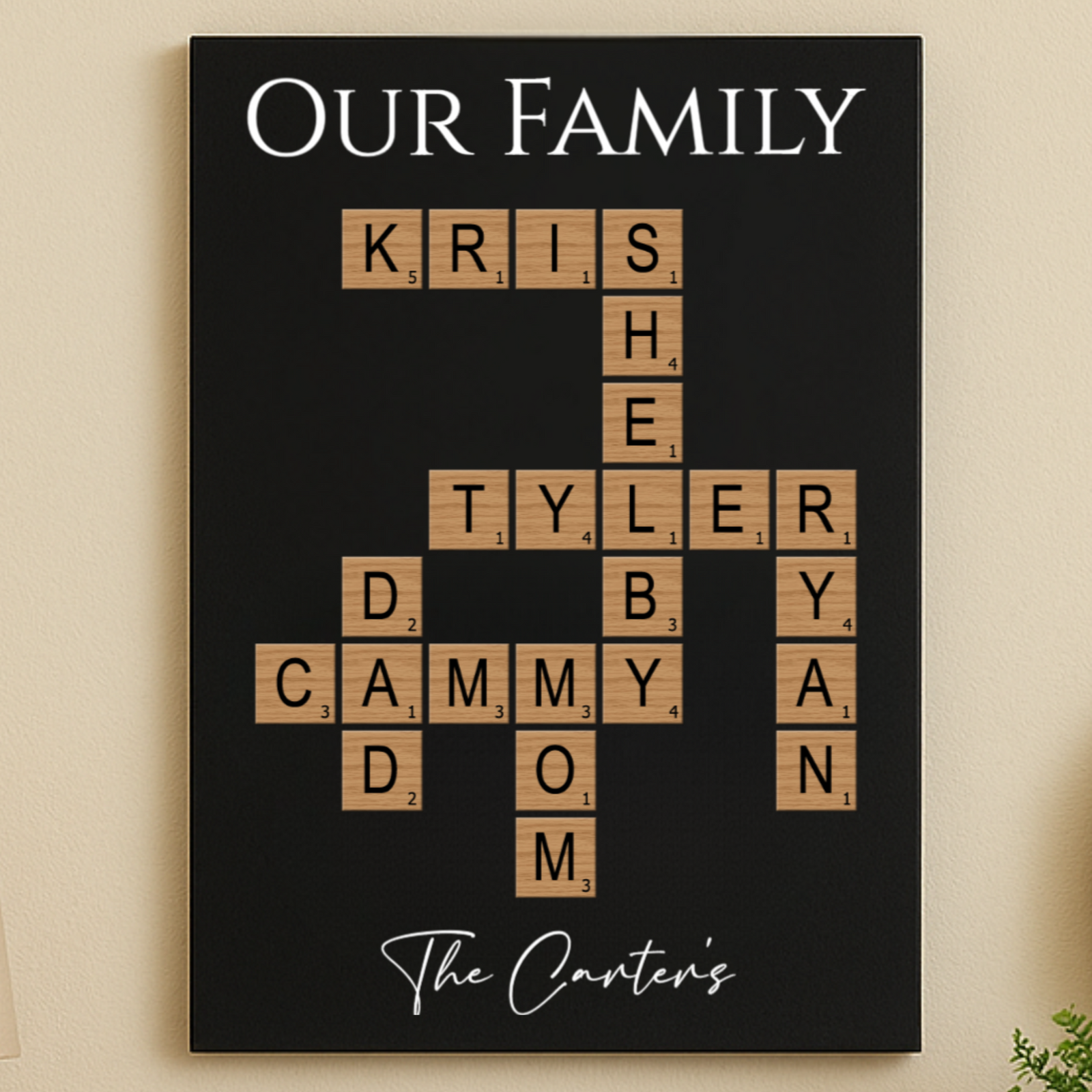 Personalized family name crossword puzzle with wooden tiles