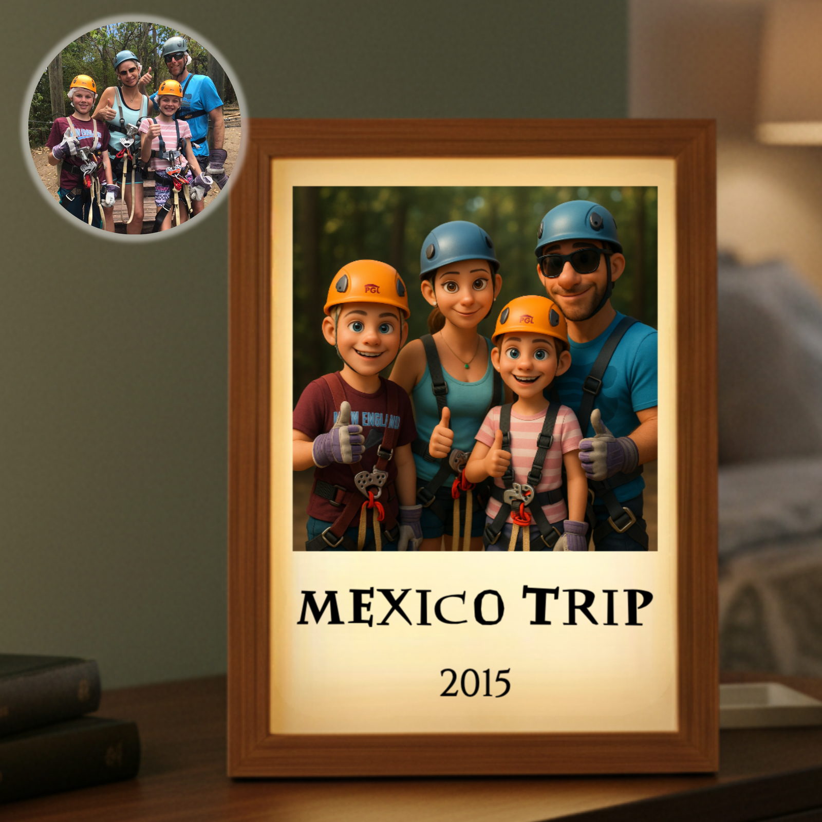 Wood-framed light box displaying cartoon-style illustration of family in climbing gear with "MEXICO TRIP" and "2015" text, shown on home shelf