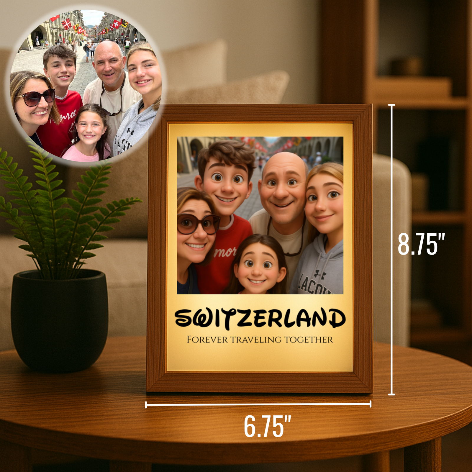 Framed cartoon light box displaying animated family portrait with sample text "SWITZERLAND" and "FOREVER TRAVELING TOGETHER" on yellow mat, shown on wooden table next to potted plant