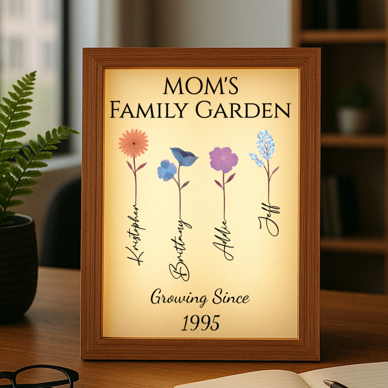 Personalized family frame with wooden border, cream background, colorful flowers, and sample names Katherine, Benjamin, Alice, and Bell with "Growing Since 1995" text