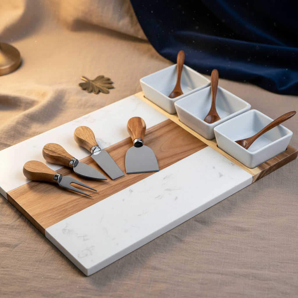 Natural wood and white marble charcuterie board with engraved personalization area, paired with brass serving utensils and white ceramic condiment cups