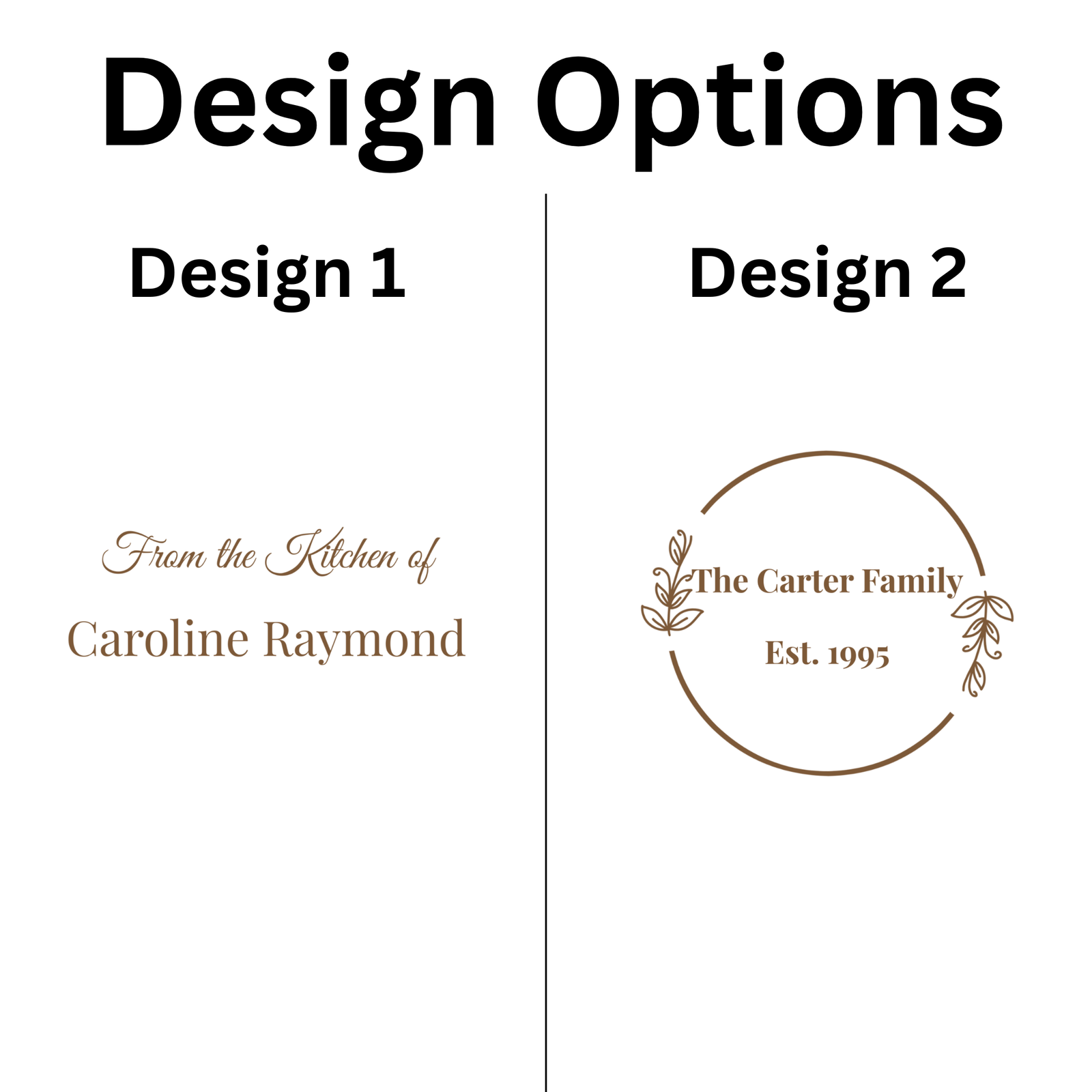Two design options for the recipe box front panel: Design 1 shows sample text "From the Kitchen of Caroline Raymond" in script, and Design 2 displays a circular wreath with sample text "The Carter Family Est. 1995