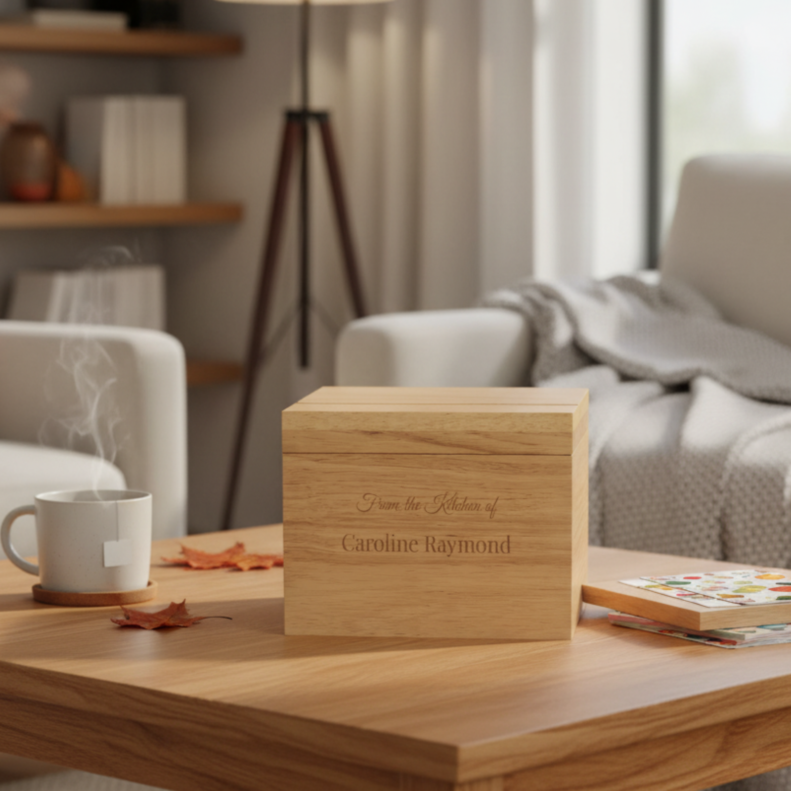 Light wood recipe box with laser-engraved text reading "From the Kitchen of Caroline Raymond" displayed on wooden table beside white mug and magazines