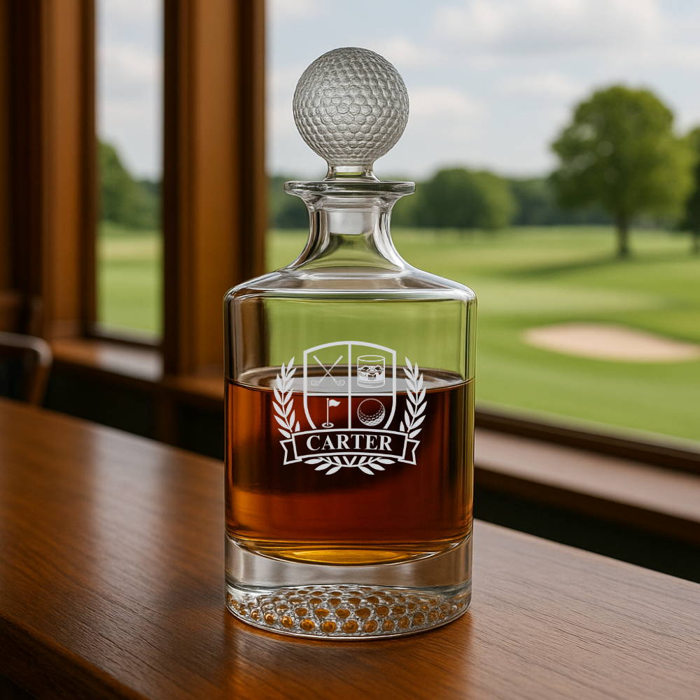 Whiskey decanter with golf ball-textured stopper displayed on wooden table, showing laser-etched crest with sample name "CARTER" and golf-themed design, overlooking golf course through window.