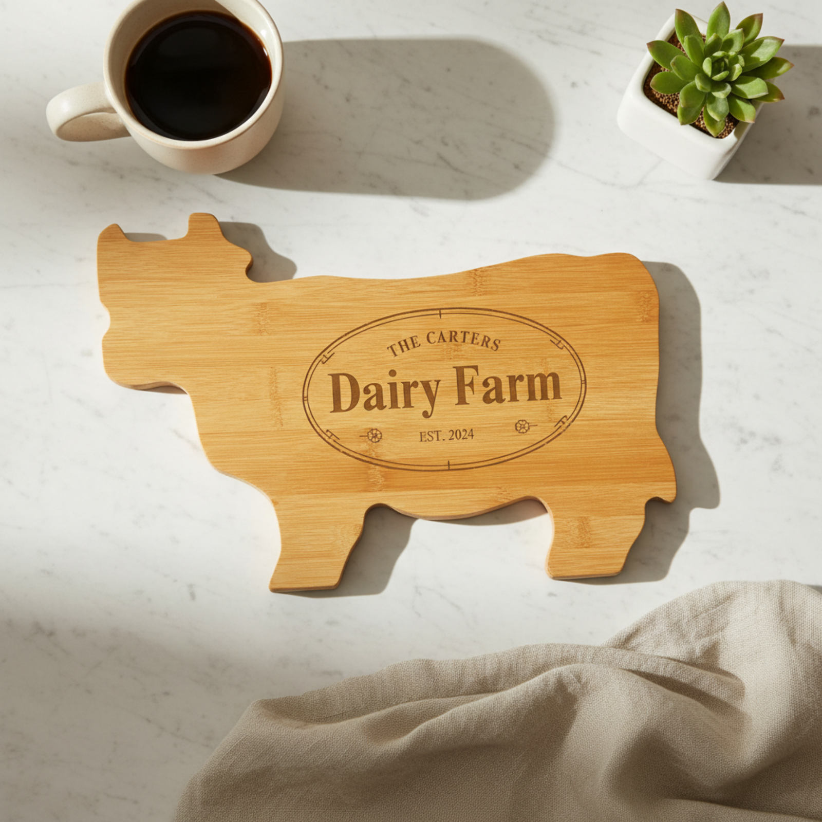 Wooden cow-shaped cutting board with 'Dairy Farm' engraving - Willow and Hive