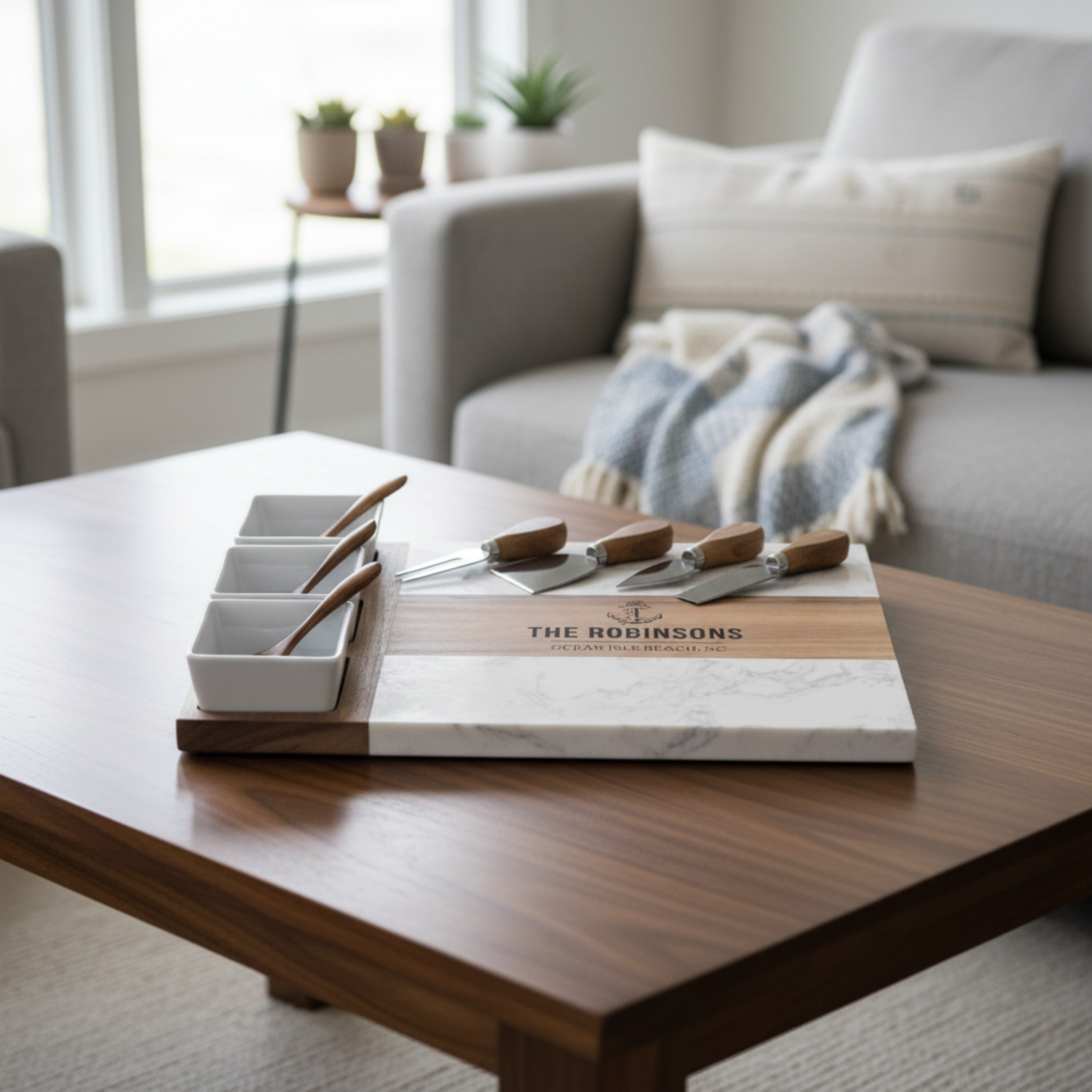 Marble and acacia wood charcuterie board with sample engraving "THE ROBINSONS" and "OCRACOKE BEACH, NC" on wooden center panel, displayed with cheese knives and white ceramic dishes on living room table.