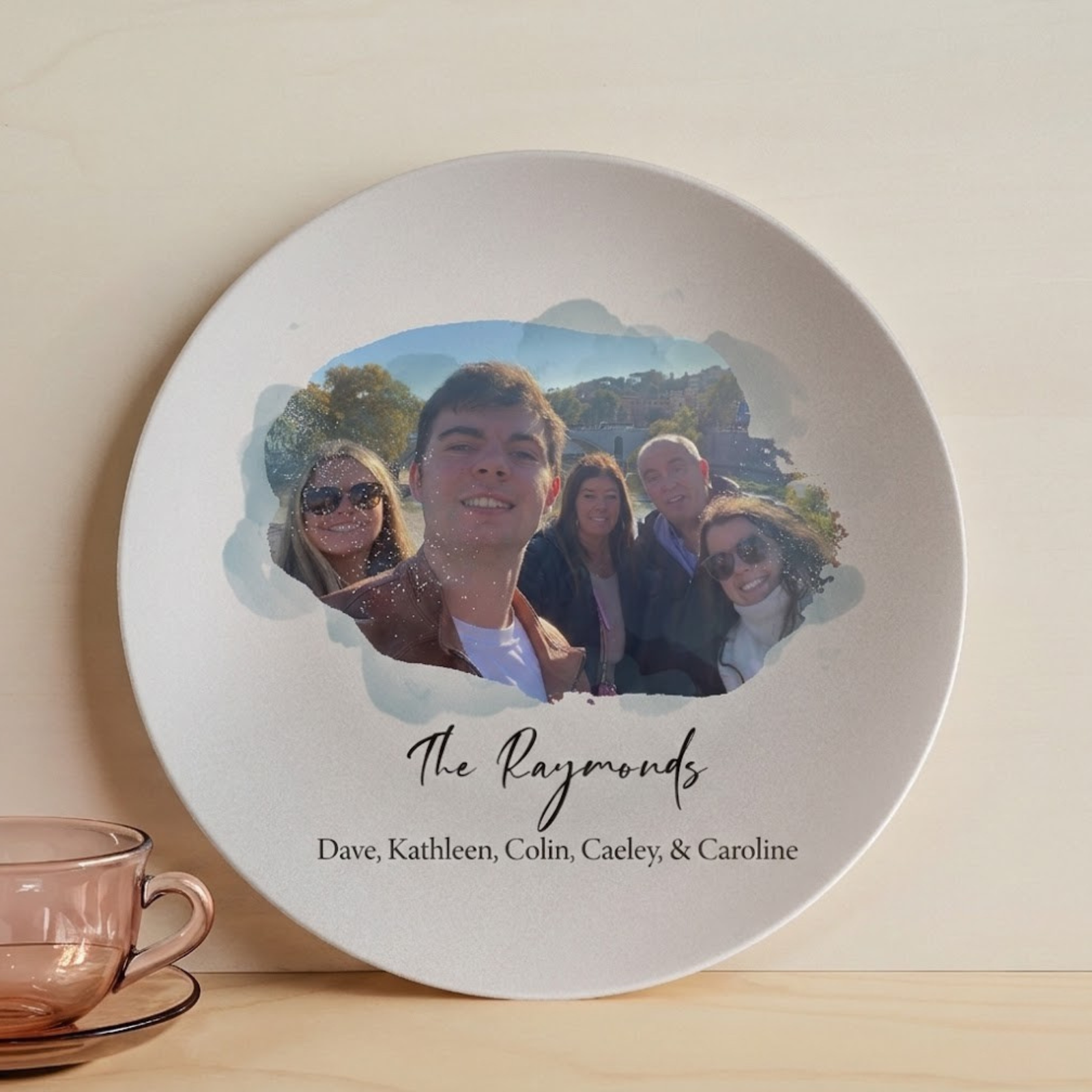 Bless Your Family personalized white plate with custom photo and family names on cloud background