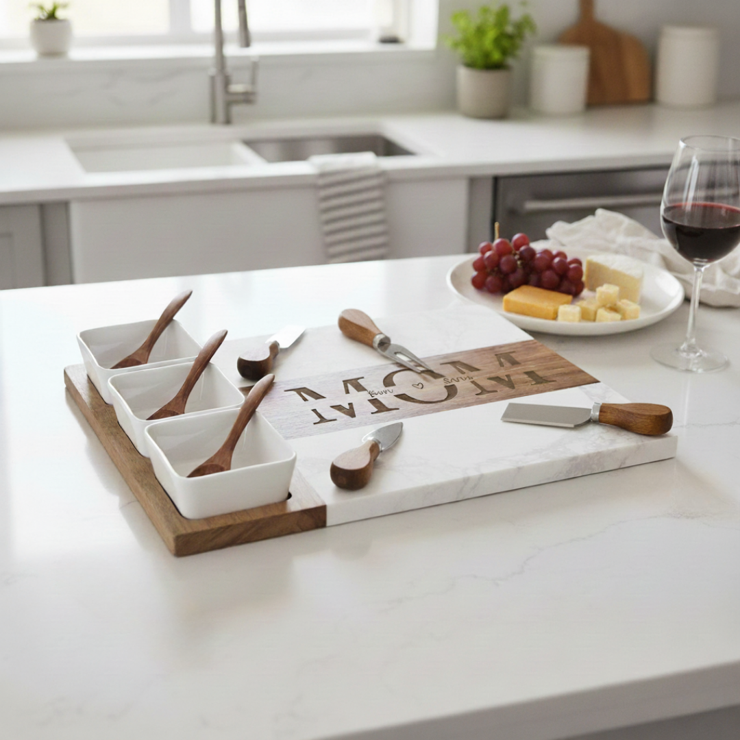 Personalized charcuterie board with sample names engraved in circular arrangement around center "MOM" text, displayed with cheese, grapes, wooden serving utensils, and wine glass on kitchen counter