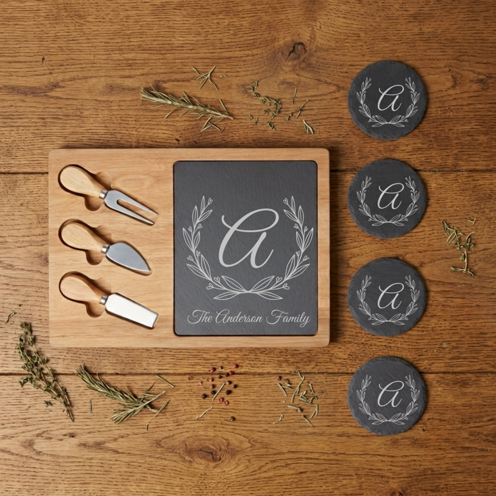 Personalized Slate Cheese & Coaster Set