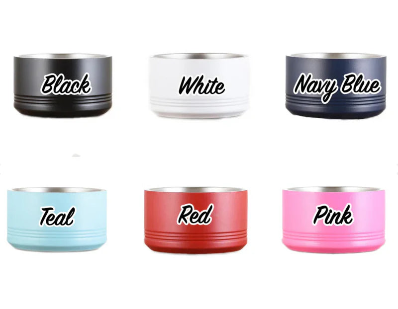 Six stainless steel pet bowls displayed in color options: black, white, navy blue, teal, red, and pink, each labeled with its color name.