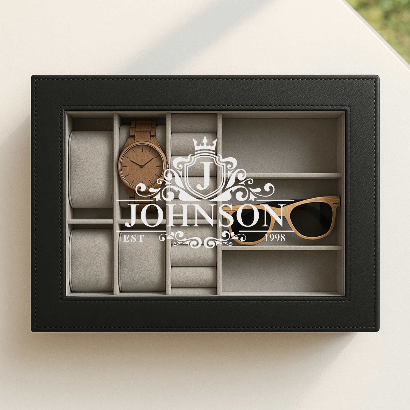 Personalized monogram valet box with custom engraved crown crest, name and year on black vegan leather with glass lid and faux suede interior