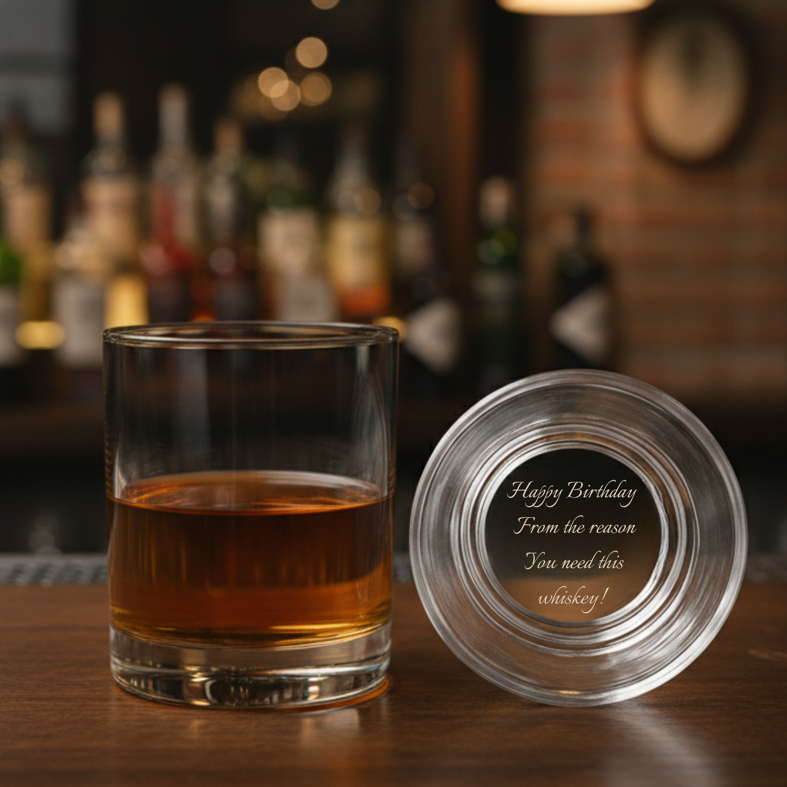Whiskey glass filled with amber liquid next to its base showing sample engraved message "Happy Birthday From the reason You need this whiskey!" revealed when tilted
