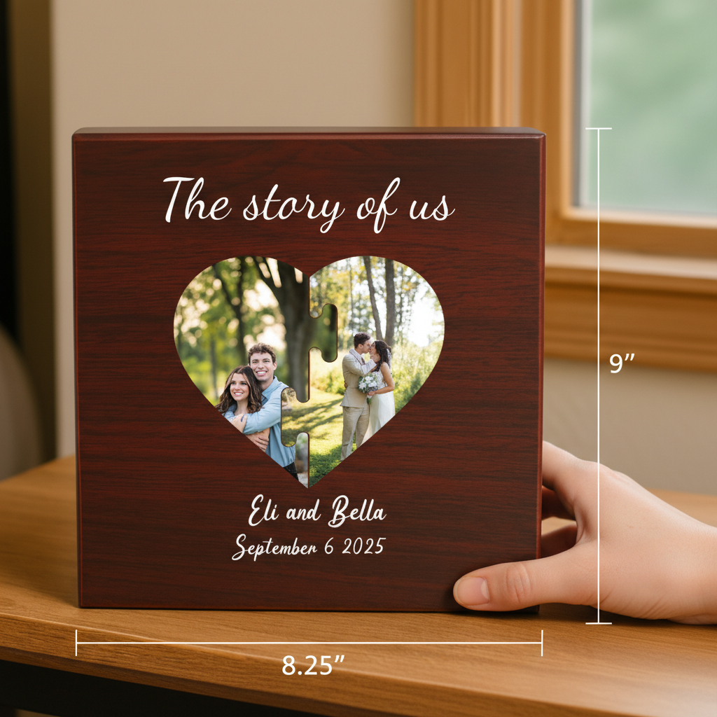 Dark wood keepsake box with heart-shaped photo cutout displaying sample couple photos, engraved with "The story of us," sample names "Eli and Bella," and date "September 6 2025