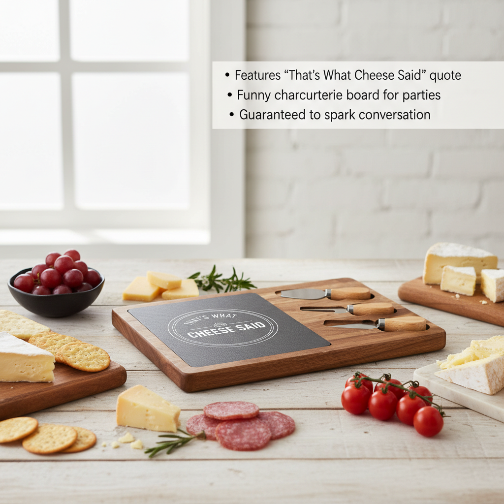 Charcuterie board with engraved slate center panel reading "That's What Cheese Said," surrounded by Acacia wood frame, wooden spreader handles, staged with cheeses, cured meats, crackers, grapes, tomatoes, and herbs.