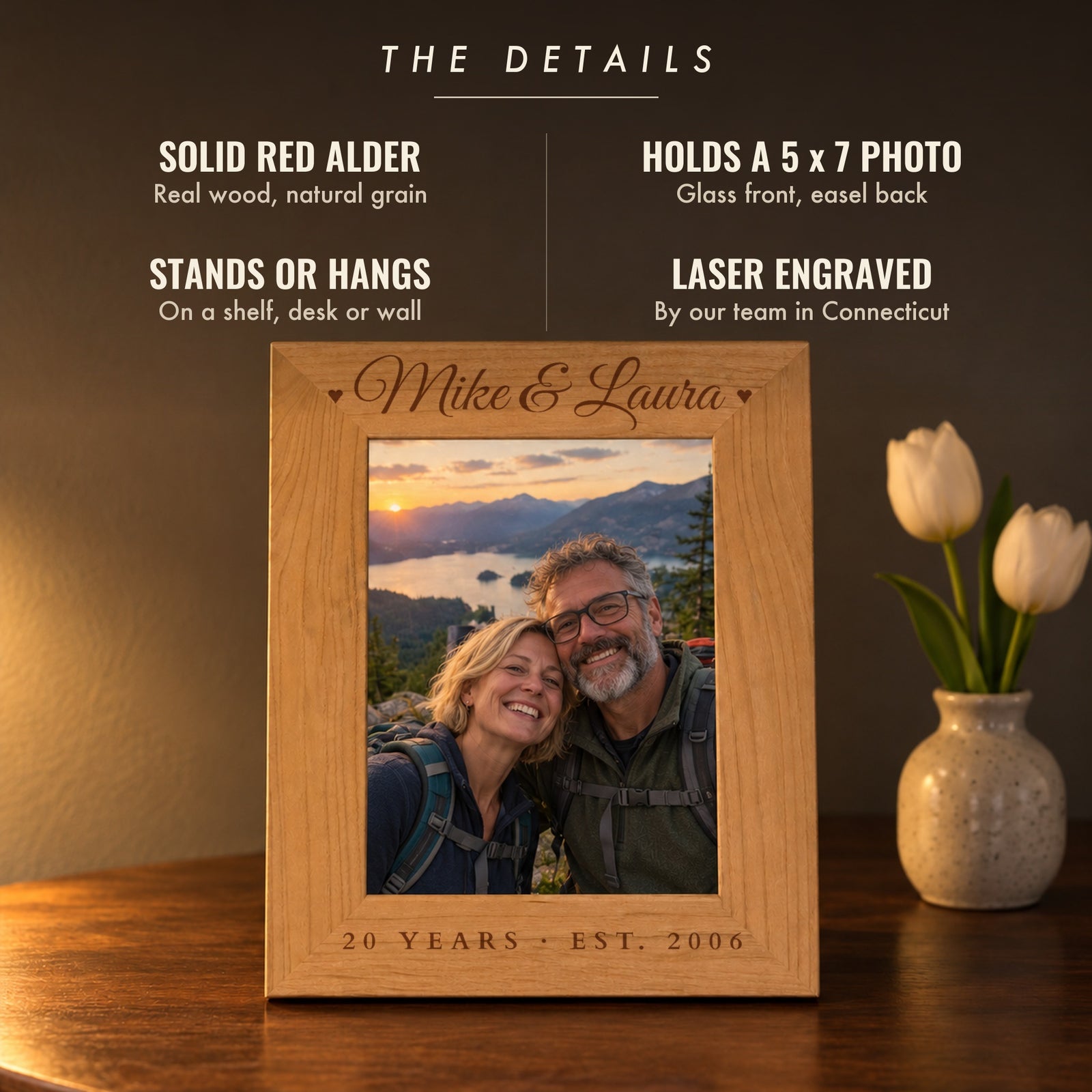 Details of the engraved wood photo frame: solid red alder, fits a 5 x 7 photo, stands or hangs, laser engraved, shown with Mike & Laura and 20 Years