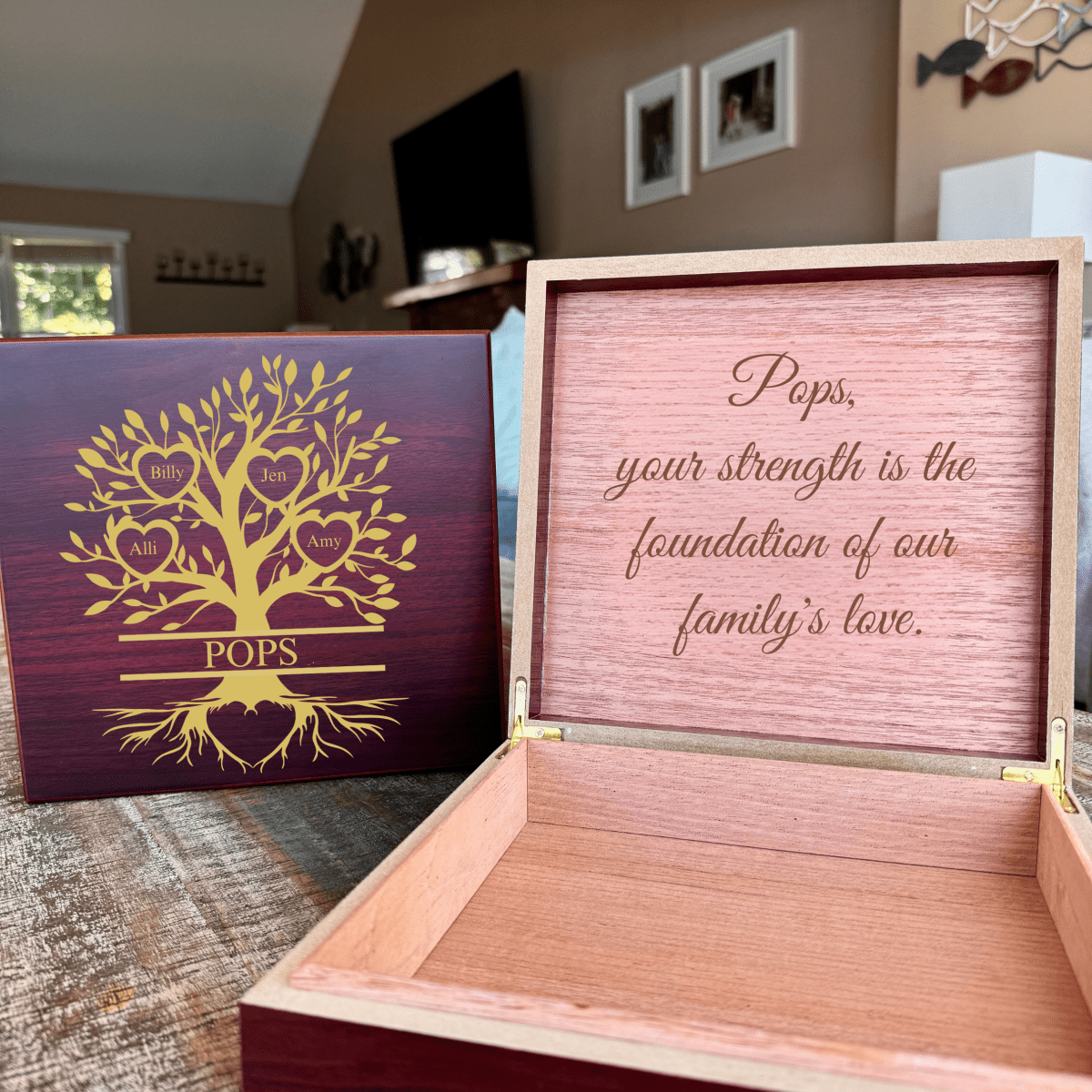 Personalized family tree keepsake box with custom engraved names on cherry wood lid, open to reveal Spanish cedar interior with engraved message