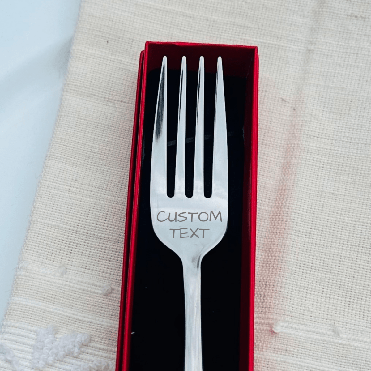 Quirky Custom Engraved Fork in red gift box with personalized message on stainless steel handle Willow & Hive