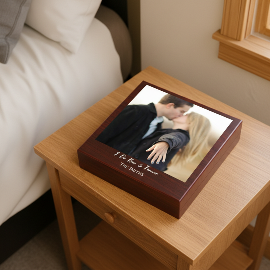 Personalized keepsake box with dark wood finish and photo lid displaying a couple, engraved with sample text "I do & Forever" and "The Smiths" below the image, positioned on wooden nightstand beside bed