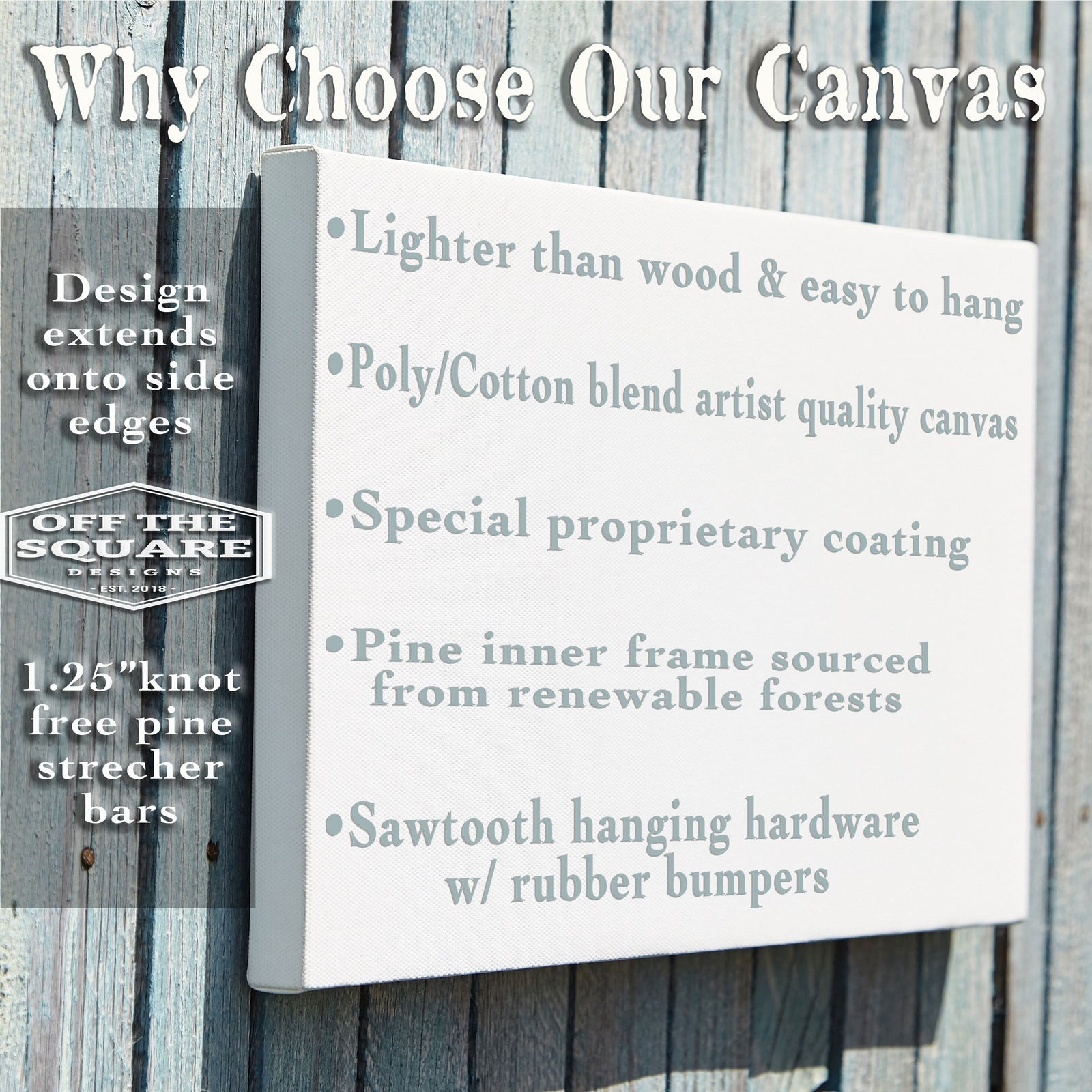 White canvas with gray text listing features: lighter than wood, poly-cotton blend, proprietary coating, pine inner frame, and sawtooth hanging hardware with rubber bumpers