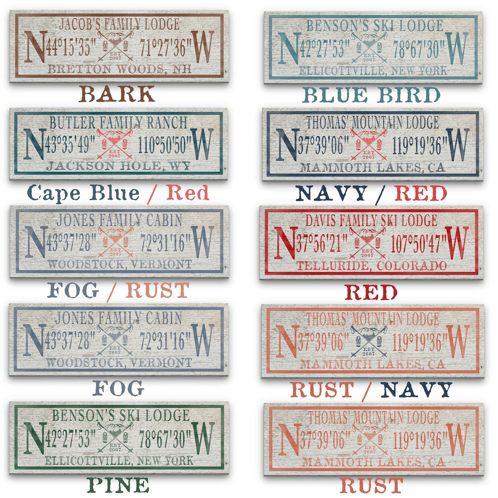 Swatch display showing ten color options for the personalized ski lodge sign, including Bark, Blue Bird, Cape Blue/Red, Navy/Red, Fog/Rust, Fog, Pine, Red, and Rust/Navy combinations