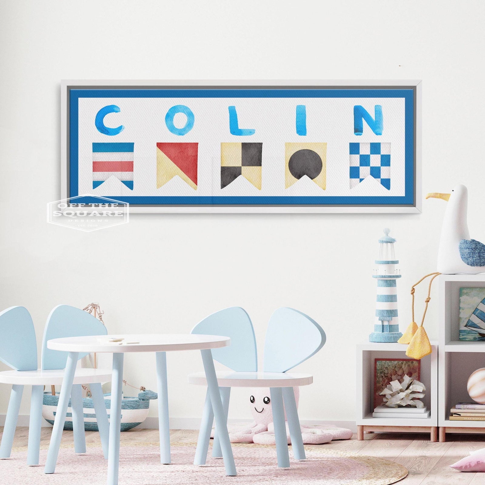 Signal Cove Name Canvas Personalized with the name Colin in Blue, displayed on a white wall in a coastal themed childs playroom | Willow & Hive