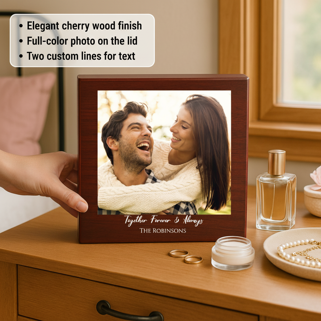 Cherry wood keepsake box with full-color photo of couple on lid and sample text "Together Forever & Always" and "THE ROBINSONS" printed below, displayed on wooden dresser with accessories