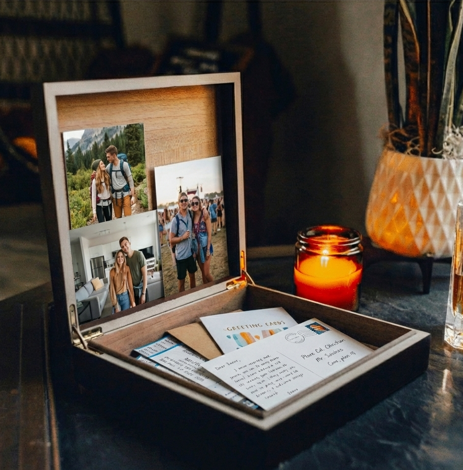 Personalized memory keepsake box displayed open, showing interior with two photos on hinged lid, handwritten letter and greeting card nestled inside, beside a lit candle in warm home setting