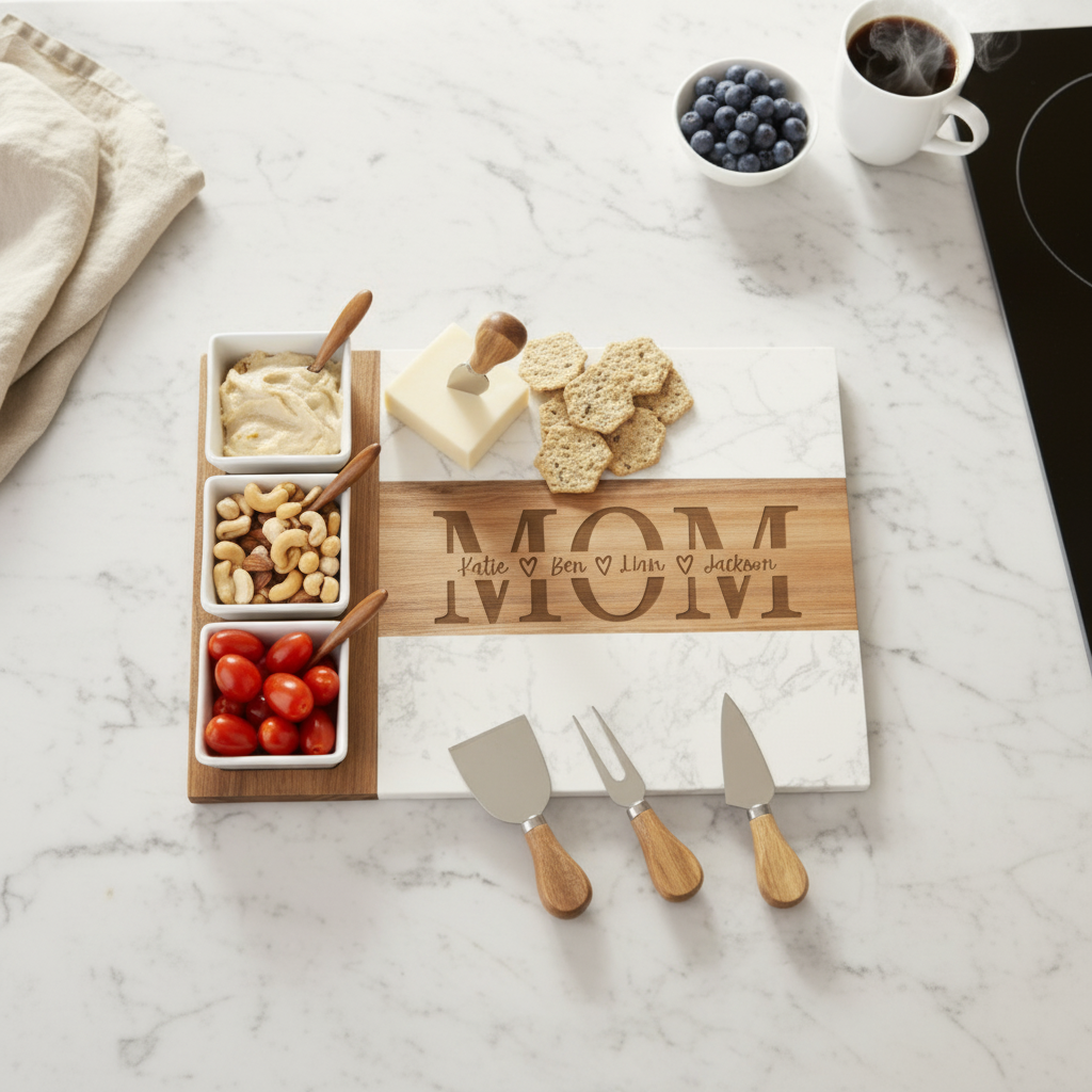 Personalized charcuterie board with "MOM" engraved in center and sample children's names "Katie, Ben, Liam, Jackson" arranged in circle, styled with cheese, crackers, nuts, and serving utensils on marble countertop.