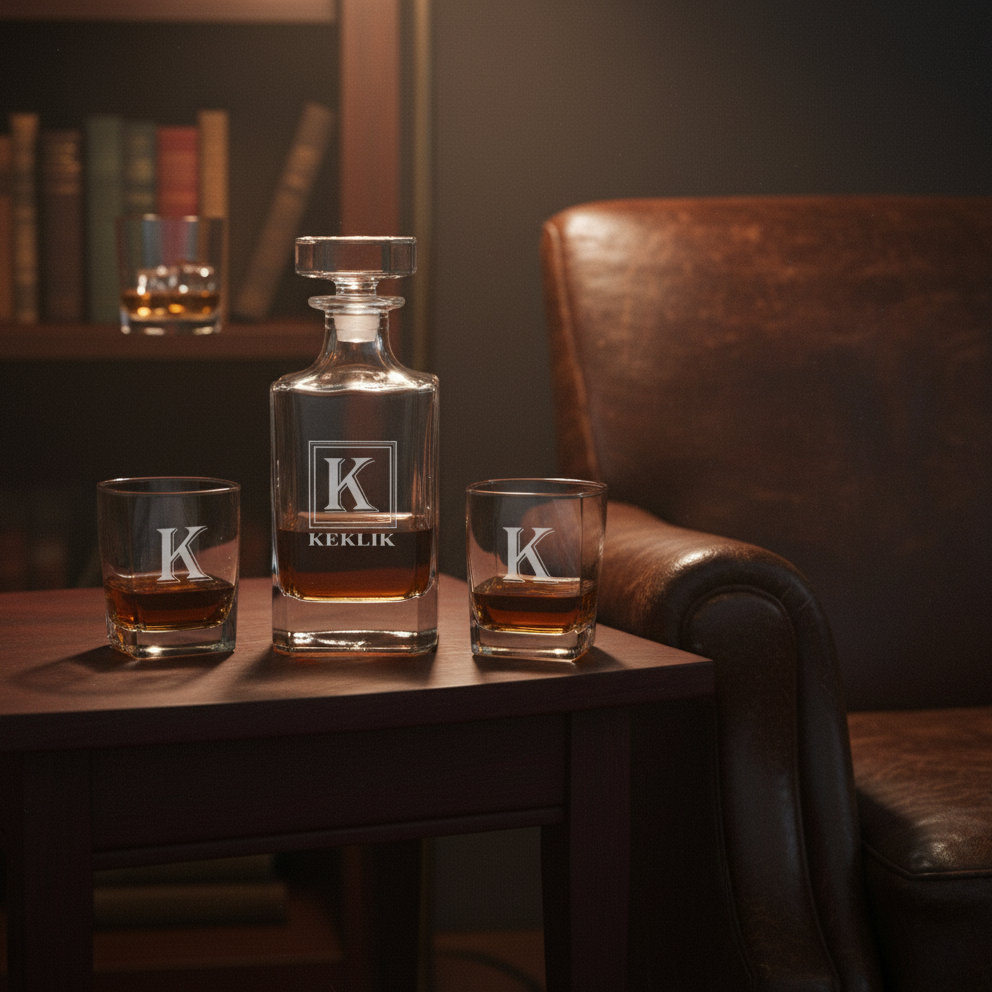 Personalized whiskey decanter set with sample monogram "K" engraved on decanter and matching rocks glasses, displayed on wood table in home bar setting
