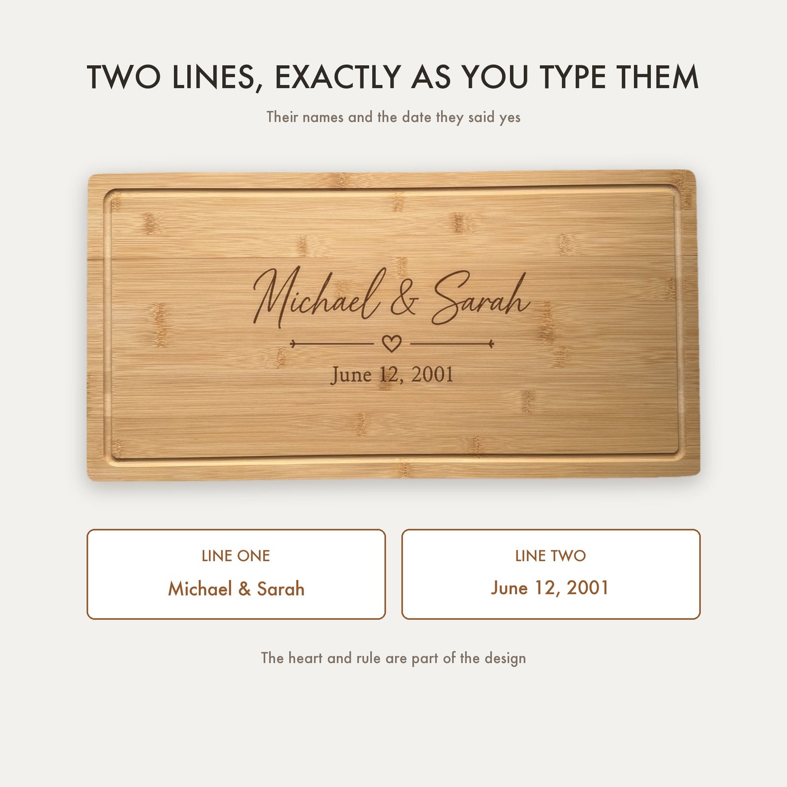 How to personalize the wedding serving board: line one for both first names, Michael & Sarah, and line two for the date, June 12, 2001, engraved as typed