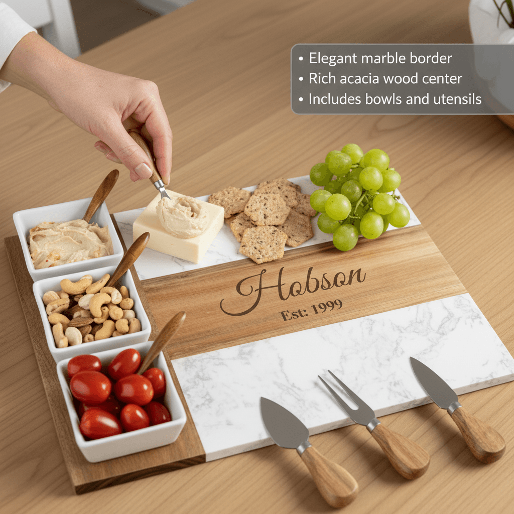 Personalized charcuterie board with acacia wood center, marble border, and sample engraving reading "Hobson Est: 1999" styled with cheese, crackers, grapes, nuts, and serving utensils.