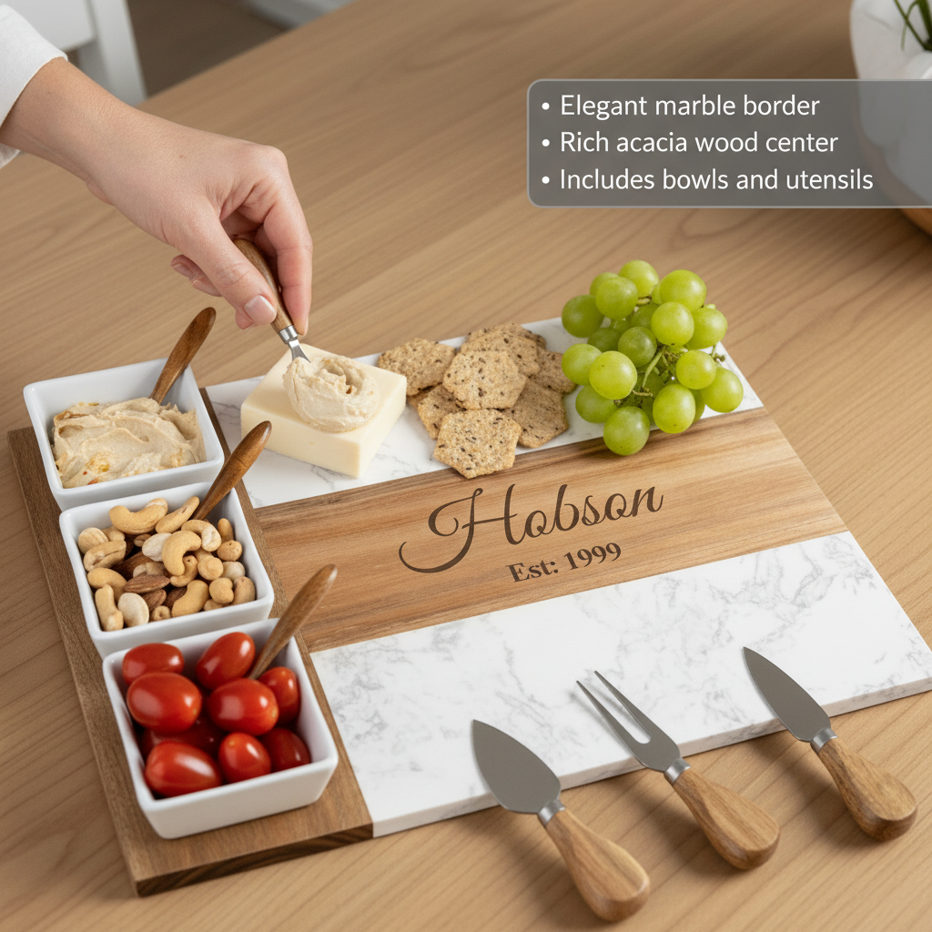 Personalized acacia wood and marble charcuterie board engraved with sample name "Habson" and "Est: 1999", styled with white ceramic bowls, wooden spreaders, cheese, crackers, nuts, grapes, and tomatoes.
