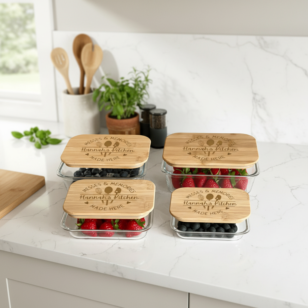 Four glass storage containers with bamboo lids engraved with sample name "Hannah's Kitchen" and "Messes & Memories Made Here" text, filled with strawberries and blueberries on marble countertop.