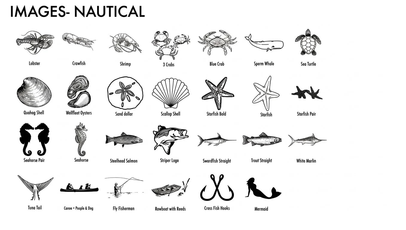 Nautical design chart for the whale handled cutting board showing lobster, crabs, whale, sea turtle, shells, starfish, seahorses, salmon, striper, marlin and a mermaid
