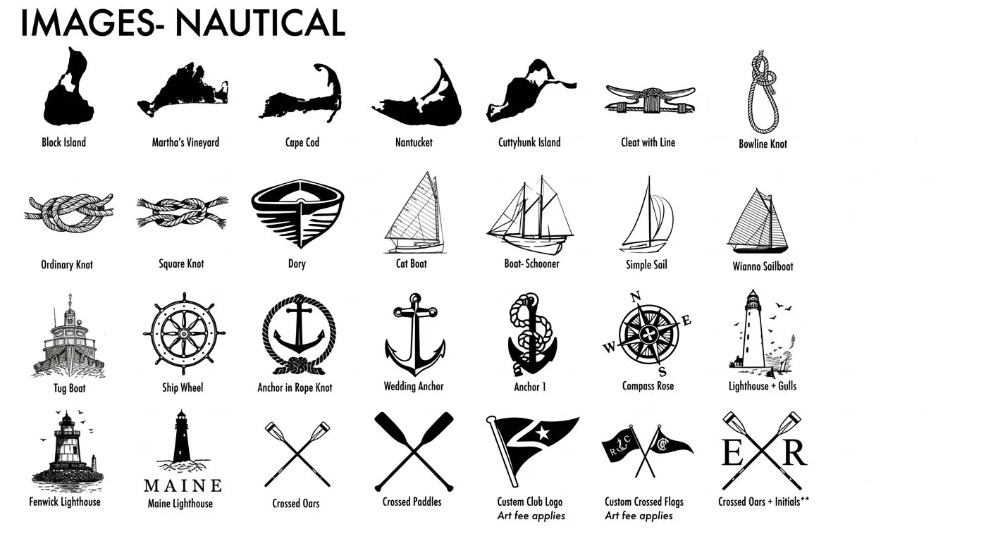 Second nautical design chart with island outlines, knots, sailboats, lighthouses, anchors, a compass rose, crossed oars and custom club logo and crossed flag options